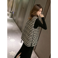2020春装新款韩版中长款流苏马甲女宽松千鸟格外套小个子洋气上衣