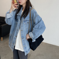 酷帅下摆撕边浅蓝色牛仔外套女宽松书页口袋牛仔服中长款上衣