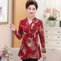 中老年女装春秋装长袖衬衫上衣40-50岁宽松大码妈妈夏装t恤打底衫