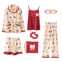 睡衣七件套女纯棉夏季长袖春秋薄款吊带两件冬天纯棉家居服