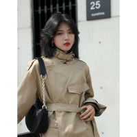 bayue八月 卡其色风衣女中长款英伦风气质工装上衣小个子秋装外套