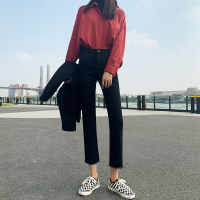 牛仔裤女直筒宽松高腰黑色显瘦百搭2020年秋冬季新款加绒烟管裤子