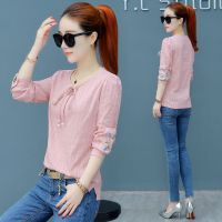 纯棉绣花t恤女2020秋季新款韩版百搭宽松遮肚长袖系带打底衫上衣