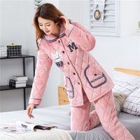 睡衣女士冬季加厚加绒三层夹棉保暖法兰珊瑚绒冬天中长款家居服