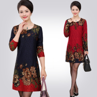 妈妈春秋装连衣裙女中长款时尚长袖上衣中老年女装新款印花打底衫