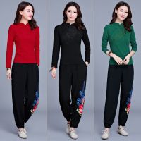 95棉民族风女装上衣绣花长袖t恤女春秋中国风复古盘扣大码打底衫