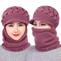 中老年人帽子女冬季百搭加厚毛线帽加绒保暖围脖妈妈帽连体针织帽