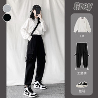 工装裤女宽松bf秋季2020新款高腰显瘦直筒束脚黑色运动休闲裤子潮