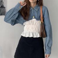 甜辣风木耳边假两件牛仔服修身显瘦拼接褶皱衬衣纽扣长袖上衣