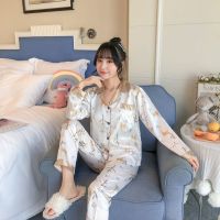 睡衣女秋季冰丝长袖学生韩版可爱甜美加大码春夏仿真丝家居服套装