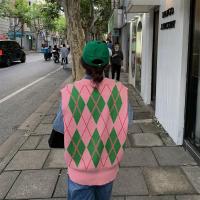 超模 菱格撞色针织马甲上衣宽松韩版粉色网红毛衣背心