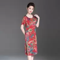2020杭州重磅仿真丝连衣裙复古花色中老年妈妈装过膝裙子