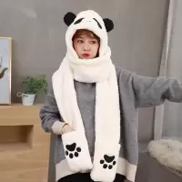 连体帽秋冬学生帽子女熊猫亲子骑车加厚保暖帽子围巾手套三件一体