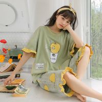 高档棉睡衣女士夏季薄款宽松七分裤短袖家居服韩版两件套卡通夏天