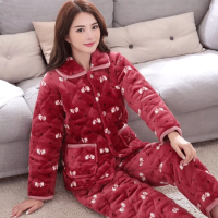 冬季三层夹棉睡衣女套装冬天月子服保暖加厚加绒女士家居服法兰绒