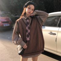 春夏季套装女学生韩版宽松格子领带衬衫上衣+字母马甲毛衣两件套