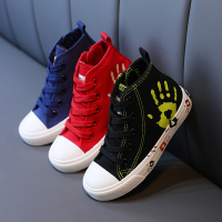 新款童鞋儿童帆布鞋高帮侧拉链系带防滑透气女童涂鸦球鞋潮