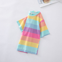 女童T恤2021夏装儿童洋气彩虹条纹短袖小女孩半袖中大童宽松上衣