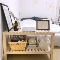 ins风北欧卧室实木置物排骨架床头柜落地飘窗收纳架民宿改造