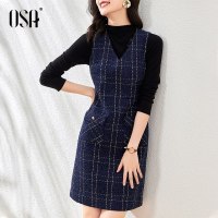 OSA名媛小香风毛呢背带连衣裙女秋冬季2020年新显瘦气质背心裙子