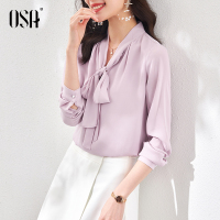 OSA紫色长袖雪纺衬衫女设计感小众蝴蝶结衬衣上衣春款2021年新款