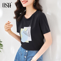 【夏季尖货】OSA欧莎夏天2021年新款黑色圆领t恤冰瓷棉短袖女士时尚印花新品知性通勤宽松上衣
