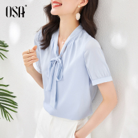OSA夏装2021年新款短袖遮肚子雪纺衫女士白色小衫气质蝴蝶结上衣