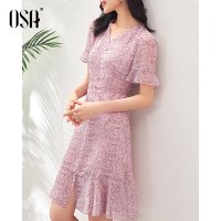 【夏季新品】OSA欧莎香芋紫雪纺波点碎花连衣裙女夏季2021新款中长款荷叶边v领裙子