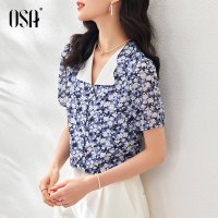 【夏季新品】OSA欧莎短袖V领衬衫女薄款复古碎花上衣2021年新款夏季衬衣设计感小众