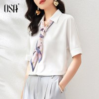 【夏季新品】OSA欧莎白色短袖雪纺衬衫女夏设计感小众2021年新款薄款衬衣别致上衣