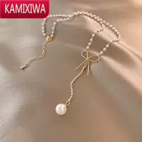 KAMIXIWA蝴蝶结珍珠项链女夏季轻奢小众设计感ins冷淡风锁骨链2021年新款