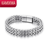 KAMIXIWA欧美霸气钛钢双排古巴手链男个性手链加宽网格编制嘻哈银色手镯潮