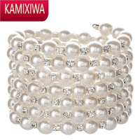 KAMIXIWA复古时尚七排珍珠子手镯银色金色水钻手链多层缠绕螺旋手环手圈
