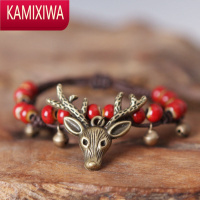 KAMIXIWA一缕瓷陶瓷饰品手工森系复古编织手链 女铃铛简约陶瓷手链 小麋鹿