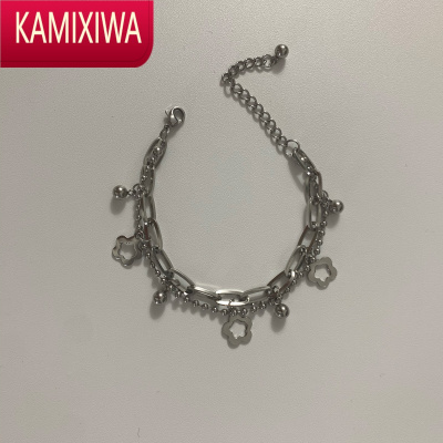 KAMIXIWA电波星 镂空花朵拼接手链 圆珠十字链挂坠钛钢个性手环姐妹礼物