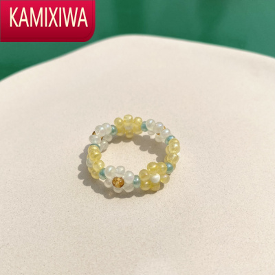 KAMIXIWA淡水珍珠串珠手链奶黄花朵 ins小众泫雅风串珠戒指 一粒少女