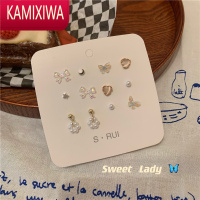 KAMIXIWAS银针镭射蝴蝶结简约耳钉套装珍珠猫眼小众设计学生养耳洞耳环