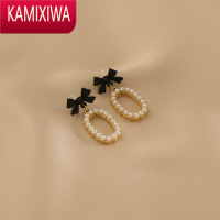 KAMIXIWA黑色蝴蝶结耳环女适合冬天的耳饰法式复古高级感气质珍珠耳坠