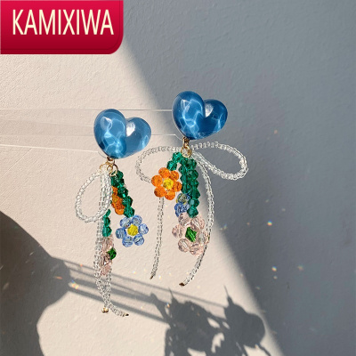 KAMIXIWA时令之环|海盐橘子 蓝色串珠水晶花朵夏天清新耳环蝴蝶结女耳饰