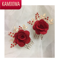 KAMIXIWA新娘结婚发饰红色花朵头花水钻发梳婚庆饰品女盘发配饰婆婆花发卡