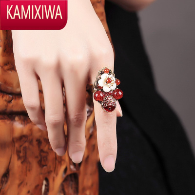 KAMIXIWA古风景泰蓝琉璃戒指食指女复古宫廷中国风花朵网红古典装饰品指环