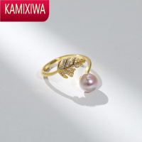 KAMIXIWA淡水珍珠食指戒女开口戒气质款镶嵌锆石树叶开口戒指小众设计