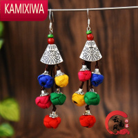 KAMIXIWA2021新款手工女式耳环民族风个性百搭布艺彩色小球球耳坠