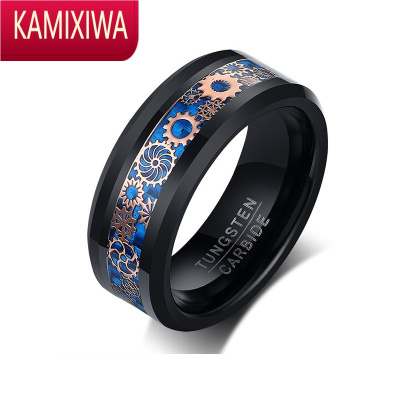 KAMIXIWA戒指蓝色纤维器械齿轮钨金戒指男士指环轻奢设计ins潮牌