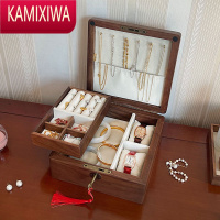 KAMIXIWA黑胡桃木首饰盒收纳盒带锁礼物珠宝实木手饰饰品盒多格用珠宝盒