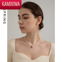 KAMIXIWA法式复古米粒珍珠项链女时尚款红色爱心锁骨链轻奢颈链