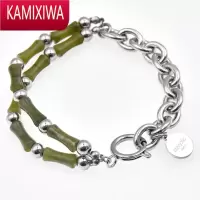 KAMIXIWACrissrex Store 国潮橄榄玉竹节钛钢情侣玉石手链