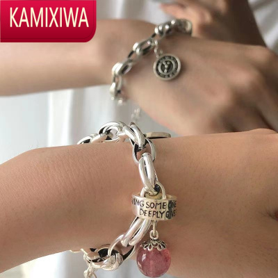 KAMIXIWA重工银复古草莓晶时钟圆牌时尚女款手链环环相扣时尚气质罗马