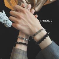 KAMIXIWA黑曜石情侣款银手链女男一对刻字手镯小众设计纪念礼物定制信物