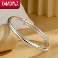 KAMIXIWA实心推拉银手镯女银饰品光面满天星送女友年轻款女士镯子可调节